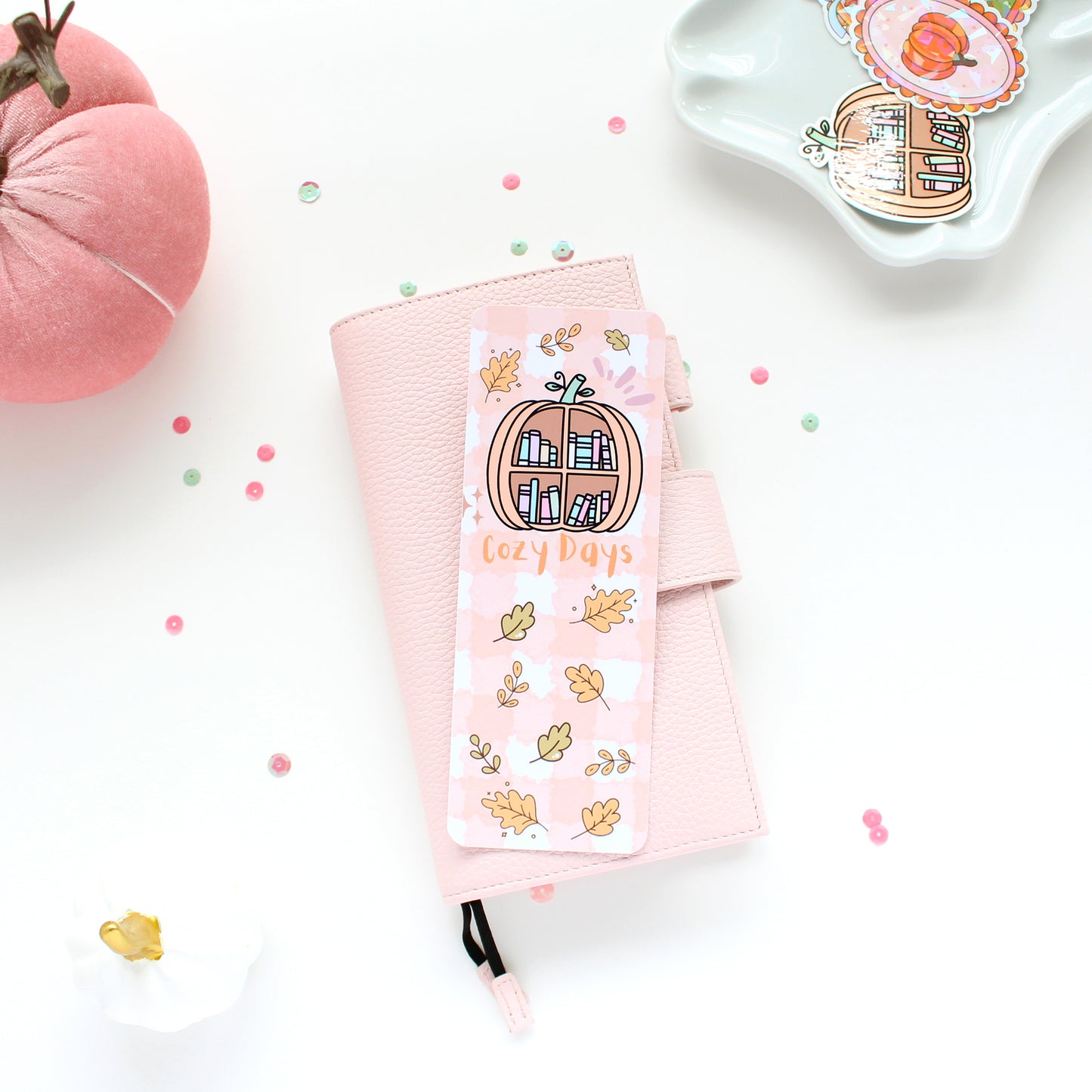 Cozy Days Pumpkin Shelf Laminated Bookmark