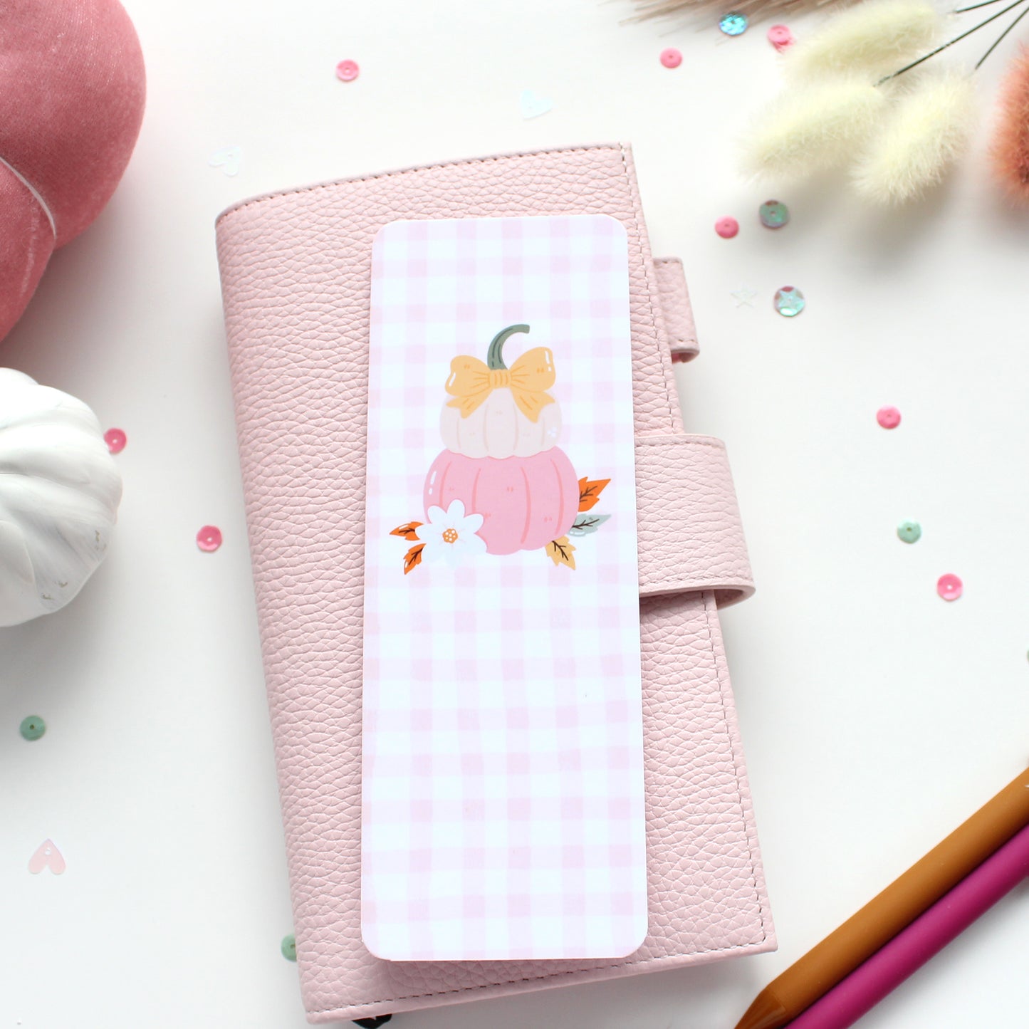 Gingham Pumpkin Stack Laminated Bookmark