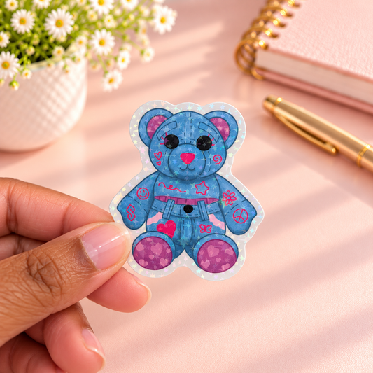 Y2K Doodle Bear Star Holographic Vinyl Sticker