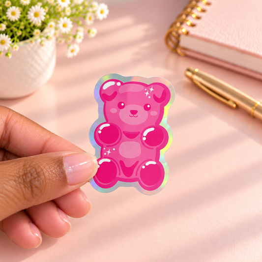 Y2K Pink Gummy Bear Holographic Vinyl Sticker