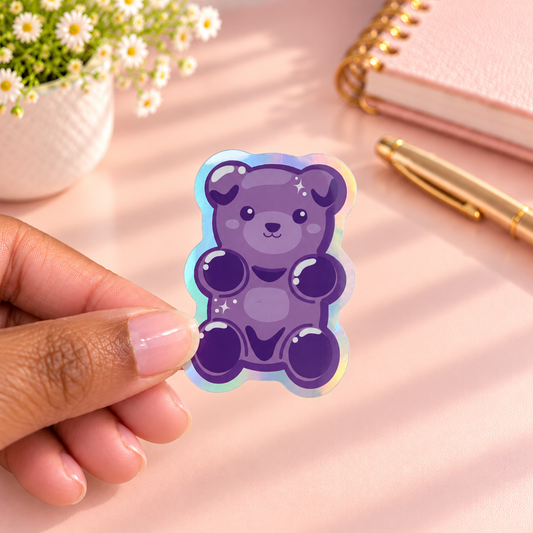 Y2K Purple Gummy Bear Holographic Vinyl Sticker